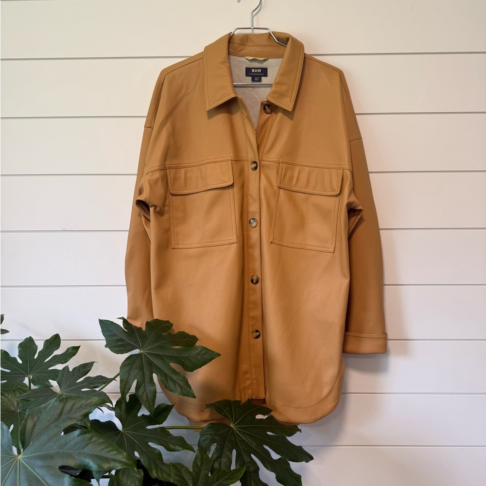 Anthropologie Maeve Faux Leather Shirt Jacket SIZE L camel tan brown